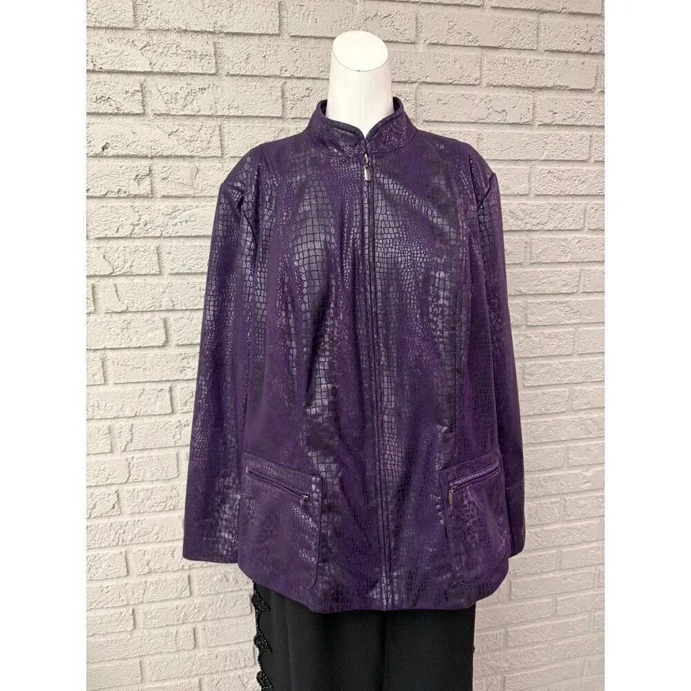 Elementz Women’s Purple Faux Leather Embossed Crocodile Texture Jacket Size 2X